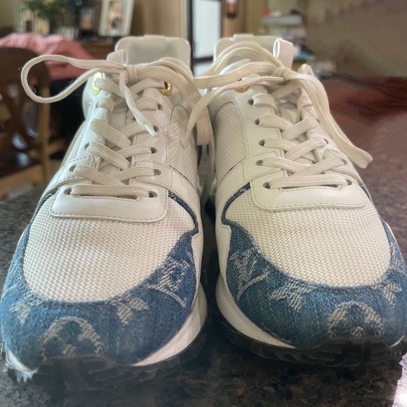 Authentic Louis Vuitton White/Blue Leather Mesh Monogram Denim Run Away Sneakers - Picture 4 of 6